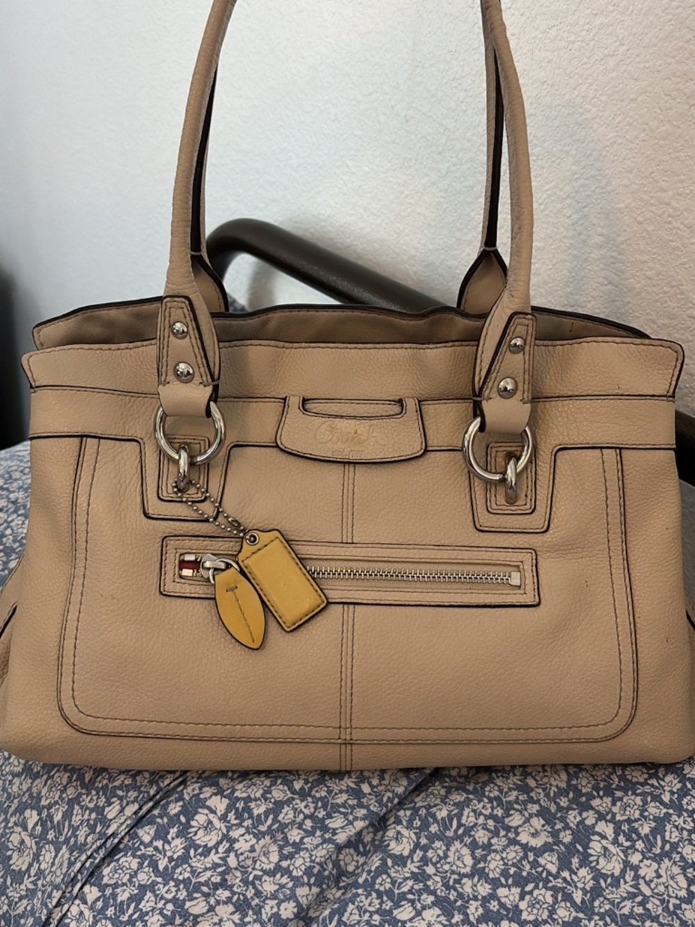 Coach Tan Pebble Leather Shoulder Tote with Yellow Tag Charms